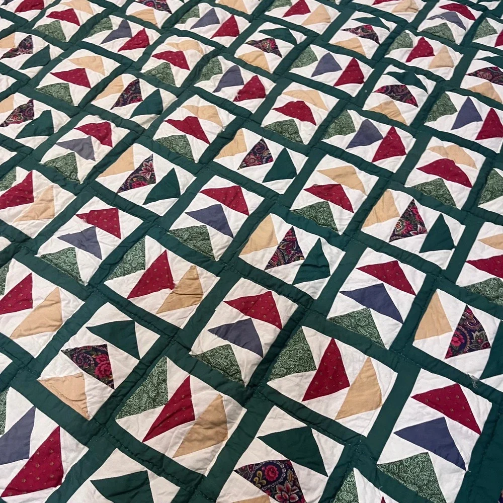 Vtg Flying Geese Patchwork Quilt Handmade Green Paisley Floral 82x84 Farmhouse